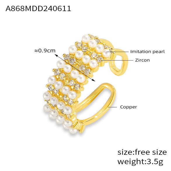 Wholesale Women's British Retro Geometric Wide Faced Copper Open Ring With Imitation Pearl Zircon And 18K Gold Plated Beads