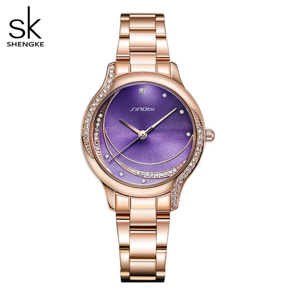 Wholesale Women's Business Style Alloy Band And Case Watch With Sun Pattern And Star And Moon Dial Mineral Strengthened Glass Mirror Bilateral Button Clasp Spiral Crown Round Dial