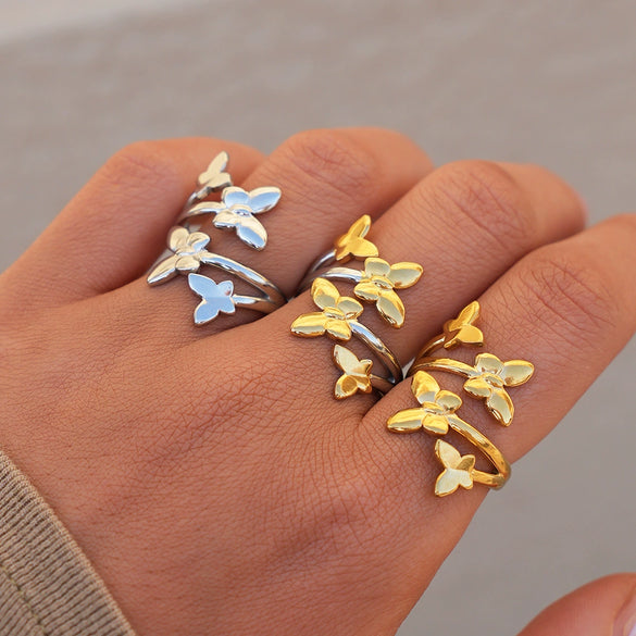 Wholesale Women's Butterfly Open Rings Stainless Steel Pvd Furnace Vacuum Real Gold Plating
