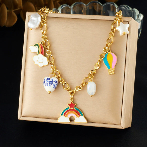 Wholesale Women's Cartoon Minimalist Stainless Steel Electroplated Jewelry Set With Heart Shape Pendant Featuring Stars Sun And Moon Clouds And Universe Patterns