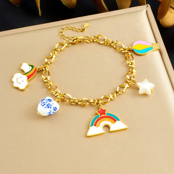 Wholesale Women's Cartoon Minimalist Stainless Steel Electroplated Jewelry Set With Heart Shape Pendant Featuring Stars Sun And Moon Clouds And Universe Patterns