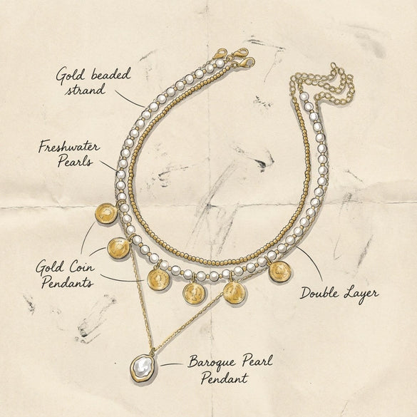 Wholesale Women's Casual Geometric Alloy Electroplated Gold Coin Portrait Pearl Multilayered Necklace