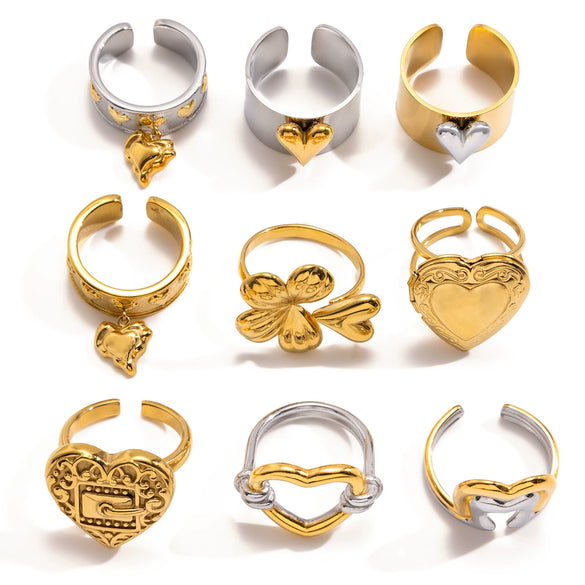 Wholesale Women's Casual Geometric Heart Shape Stainless Steel Polished Electroplated Open Ring Hand Jewelry