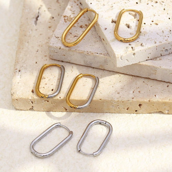 Wholesale Women's Casual Geometric Stainless Steel 18K Gold Plated Long Oshaped Earrings With Square Buckle