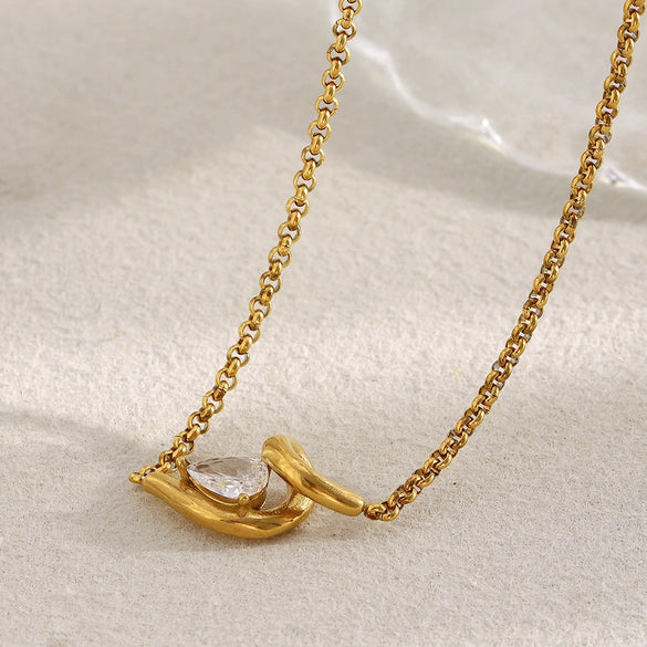 Wholesale Women's Casual Geometric Stainless Steel 18K Gold Plated Necklace With Water Drop Zircon And Round Pearl