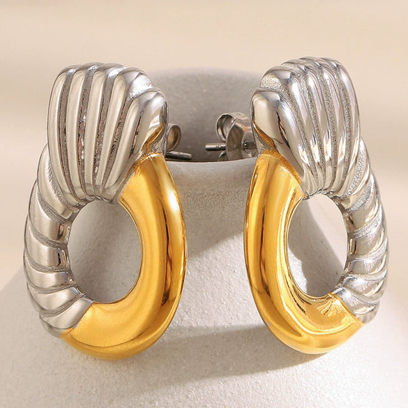 Wholesale Women's Casual Geometric Stainless Steel 18K Gold Plated Spliced Twill Ring Earrings