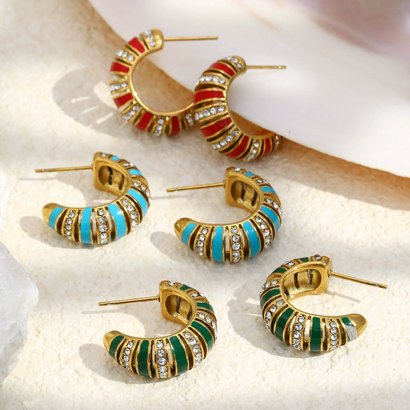 Wholesale Women's Casual Geometric Stainless Steel 18K Gold Vacuum Plated Cshaped Dot Diamond Oil Drop Earrings Jewelry