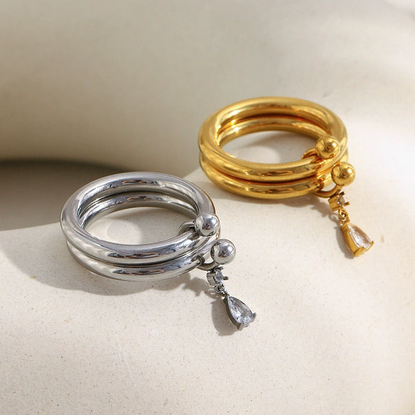 Wholesale Women's Casual Geometric Stainless Steel 18K Goldplated Handdecorated Doublelayer Ultrafine Marquise Water Drop Zirconium Ring