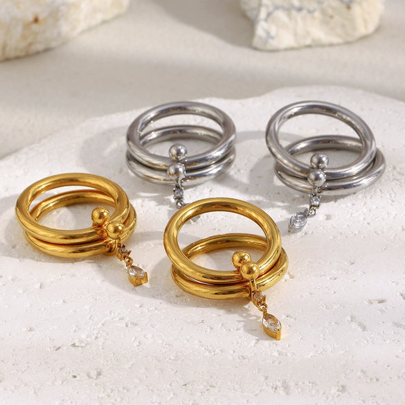 Wholesale Women's Casual Geometric Stainless Steel 18K Goldplated Handdecorated Doublelayer Ultrafine Marquise Water Drop Zirconium Ring