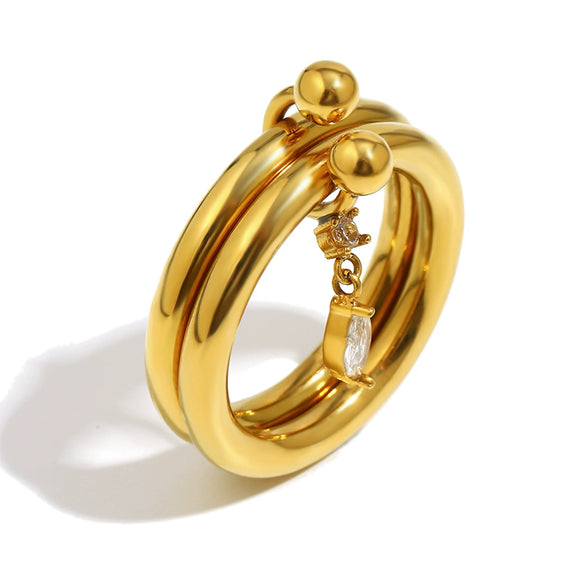 Wholesale Women's Casual Geometric Stainless Steel 18K Goldplated Handdecorated Doublelayer Ultrafine Marquise Water Drop Zirconium Ring