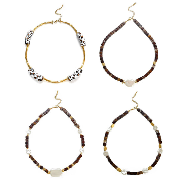 Wholesale Women's Casual Handmade Stainless Steel And Resin Leopard Print Beaded Clavicle Chain