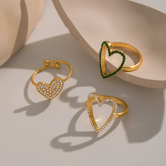 Wholesale Women's Casual Heart Shape Stainless Steel Diamondencrusted Open Ring With Pvd Furnace Vacuum Real Gold Plating