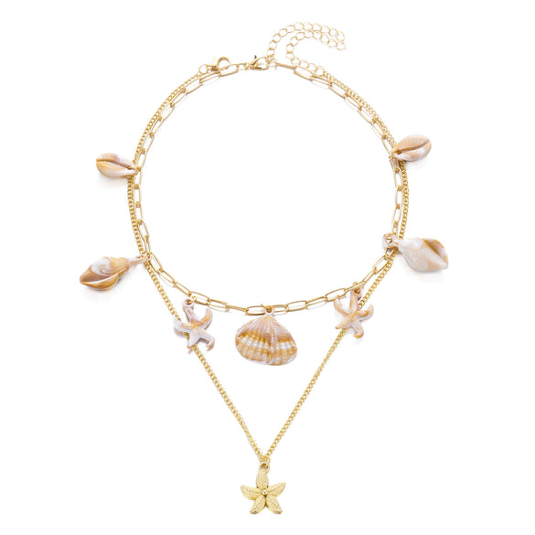 Wholesale Women's Casual Minimalist Alloy Electroplated Ocean Style Starfish And Shell Double Layered Necklace And Exaggerated Shell Choker