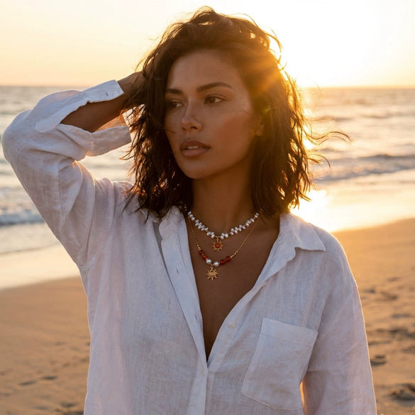 Wholesale Women's Casual Minimalist Geometric Fake Pearl And Alloy Beaded Doublelayered Necklace With Electroplated Sun Pendant