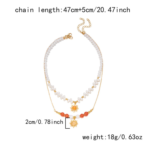 Wholesale Women's Casual Minimalist Geometric Fake Pearl And Alloy Beaded Doublelayered Necklace With Electroplated Sun Pendant