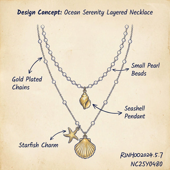 Wholesale Women's Casual Minimalist Geometric Starfish And Shell Pearl Doublelayered Necklace With Alloy Pendant And Electroplating