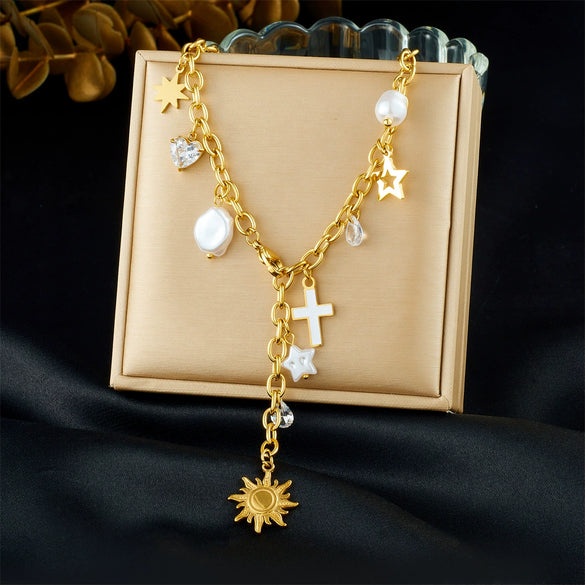 Wholesale Women's Casual Minimalist Goldplated Stainless Steel Star Pendant O Word Chain Necklace