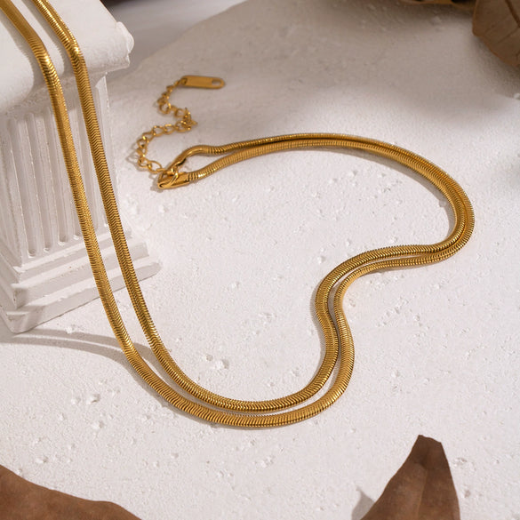 Wholesale Women's Casual Punk Hiphop Doublelayer Snake Chain Necklace Stainless Steel 18K Real Gold Plated Geometric