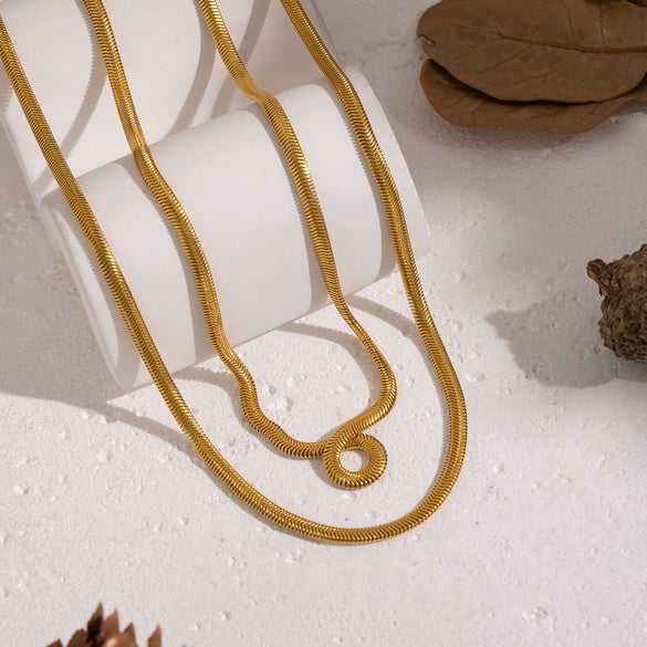Wholesale Women's Casual Punk Hiphop Doublelayer Snake Chain Necklace Stainless Steel 18K Real Gold Plated Geometric