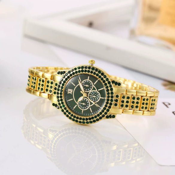 Wholesale Women's Casual Quartz Watch With Color Diamond Encrusted Round Alloy Case