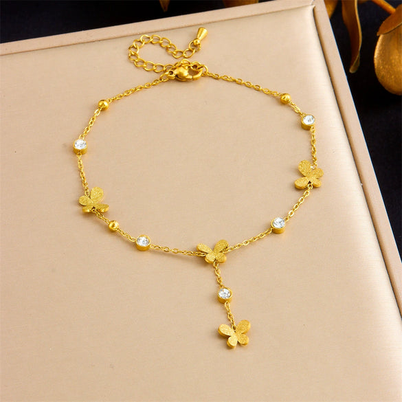 Wholesale Women's Casual Stainless Steel Goldplated Anklet With Hanging Tassel And Heart Shape Design