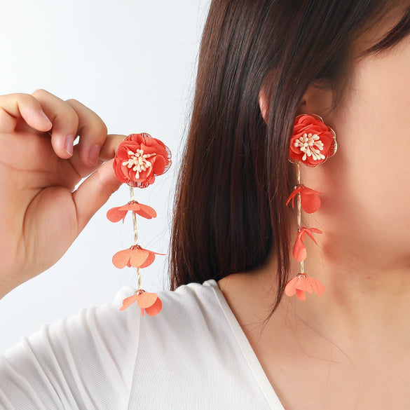 Wholesale Women's Casual Style Multilayer Chiffon Floral Earrings Zinc Alloy Hand Knitted Flower Shape