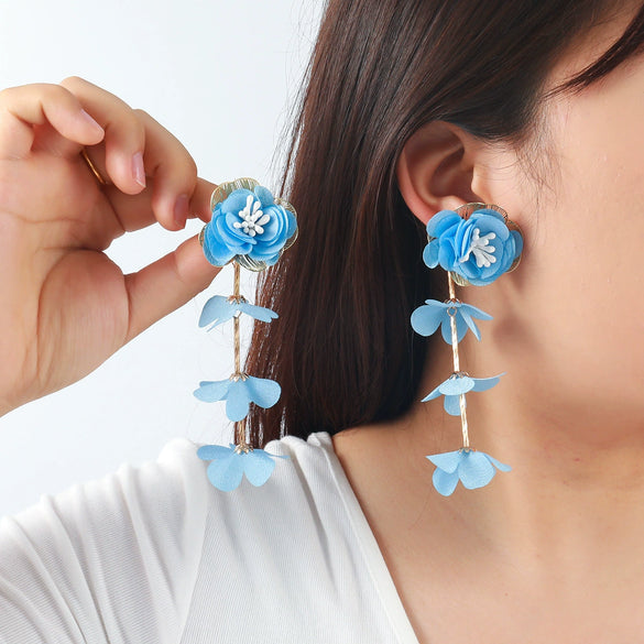 Wholesale Women's Casual Style Multilayer Chiffon Floral Earrings Zinc Alloy Hand Knitted Flower Shape