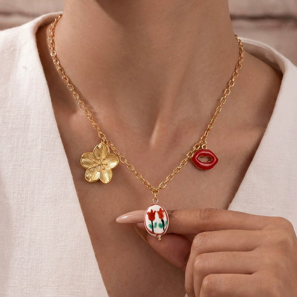 Wholesale Women's Casual Style Stainless Steel Electroplated Flower Pattern Necklace With Hand Painted Tulip And Enamel Pendant
