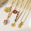 Wholesale Women's Casual Style Stainless Steel Electroplated Flower Pattern Necklace With Hand Painted Tulip And Enamel Pendant