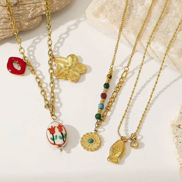 Wholesale Women's Casual Style Stainless Steel Electroplated Flower Pattern Necklace With Hand Painted Tulip And Enamel Pendant