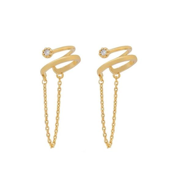 Wholesale Women's Chain Ear Clip Copper Plated With Real Gold Geometric Inlaid Zircon Retro Style