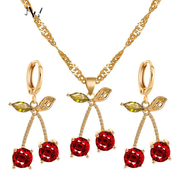 Wholesale Women's Cherry Pattern Copper Electroplated Glass Pendant Stranded Chain Necklace And Earrings Set