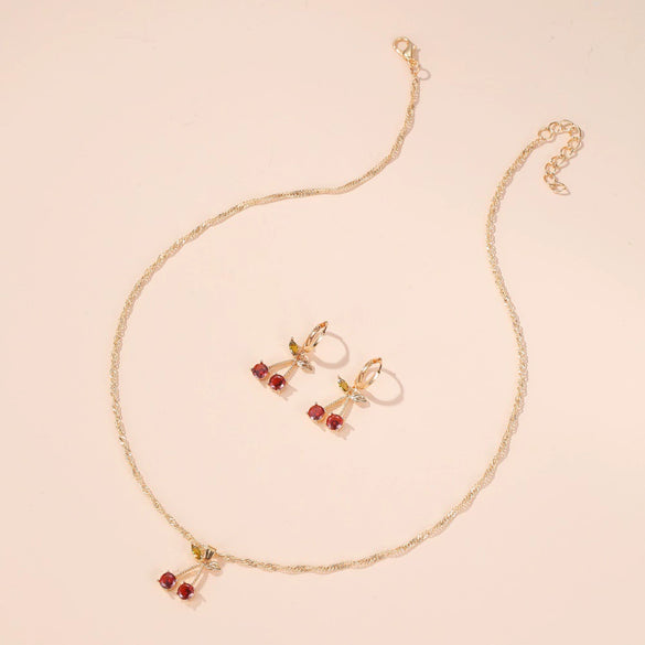 Wholesale Women's Cherry Pattern Copper Electroplated Glass Pendant Stranded Chain Necklace And Earrings Set