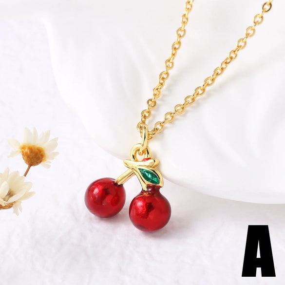 Wholesale Women's Cherry Pendant Necklace With Oil Drop Collarbone O Chain Copper Gold Plated Electroplated
