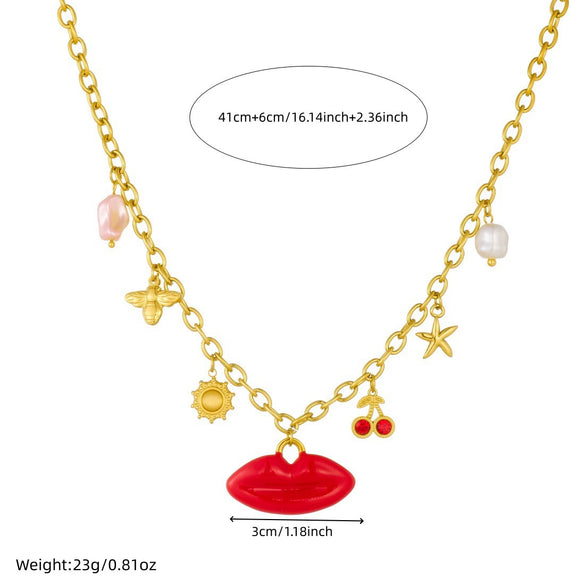 Wholesale Women's Chic Big Red Lip Cherry Star Bee Pendant Goldplated Stainless Steel Ochain Necklace