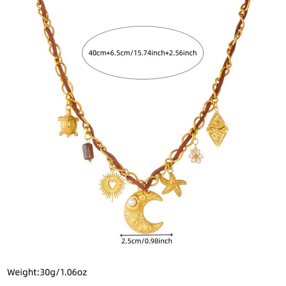 Wholesale Women's Chic Minimalist Retro Multielement Gold Electroplated Stainless Steel Flash O Chain Star Heart Square Relief Starfish Necklace