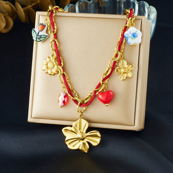 Wholesale Women's Chic Style Stainless Steel Electroplated Heart Shape Flower Bow Tie Pendant Necklace