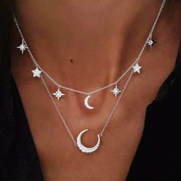 Wholesale Women's Cold Style Metal Multilayer Necklace With Cross Moon Star Pendant Alloy Material Twisted Chain Electroplating Process