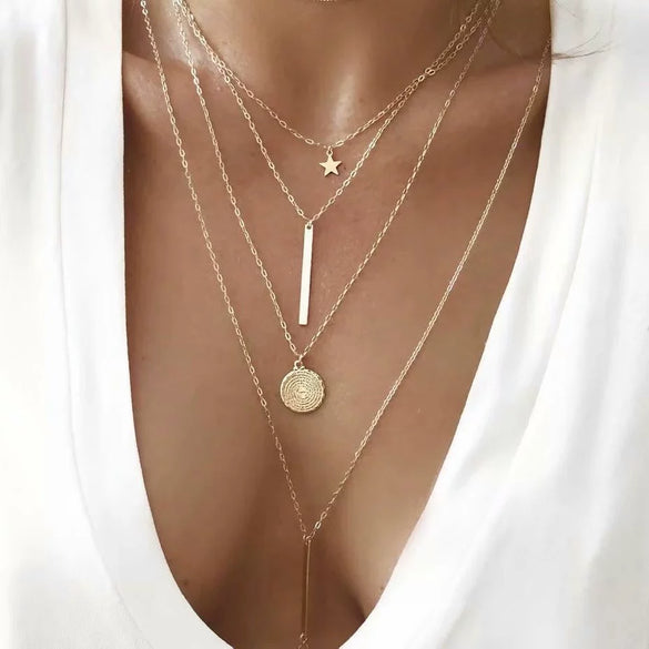 Wholesale Women's Cold Style Metal Multilayer Necklace With Cross Moon Star Pendant Alloy Material Twisted Chain Electroplating Process
