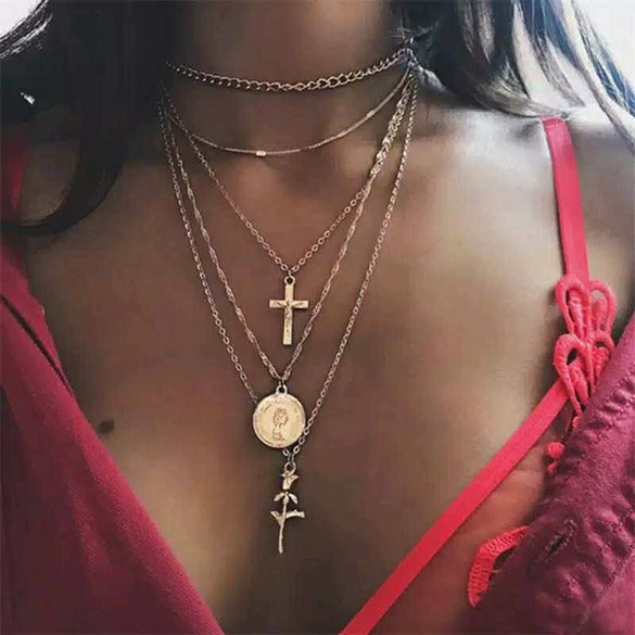 Wholesale Women's Cold Style Metal Multilayer Necklace With Cross Moon Star Pendant Alloy Material Twisted Chain Electroplating Process