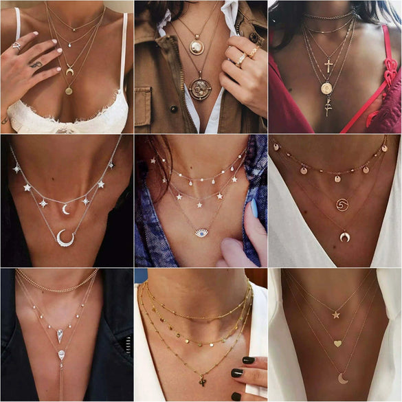 Wholesale Women's Cold Style Metal Multilayer Necklace With Cross Moon Star Pendant Alloy Material Twisted Chain Electroplating Process
