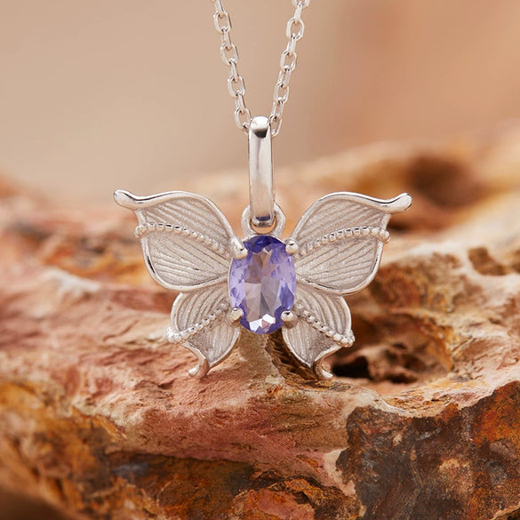 Wholesale Women's Colored Gemstone Necklace Butterfly Style S925 Sterling Silver Inlaid With Natural Sapphire Tanzanite Animal Zodiac Design