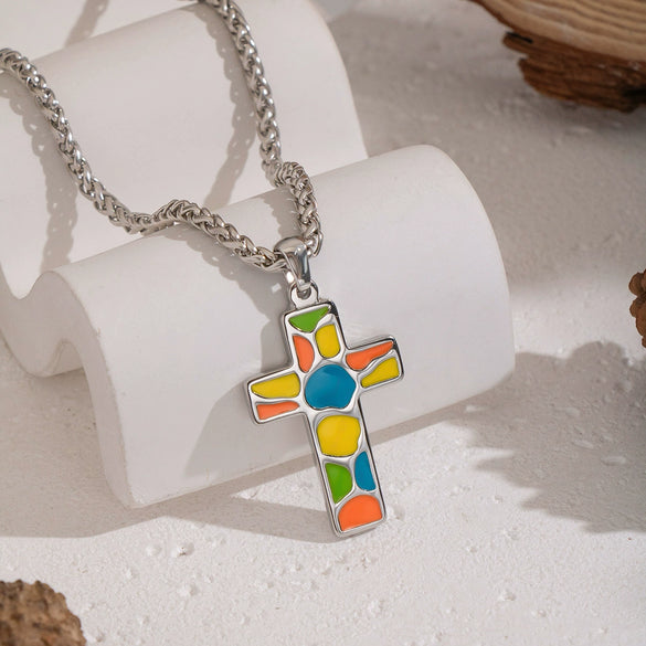Wholesale Women's Colorful Enamel Geometric Cross Pendant Necklace With 18K Real Gold Plating Stainless Steel