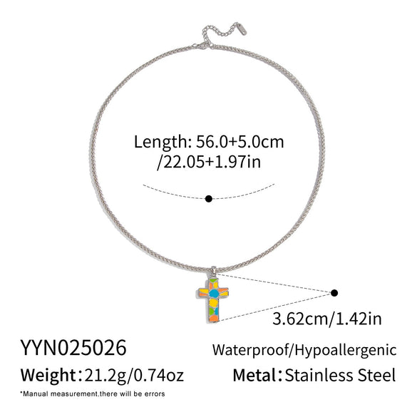 Wholesale Women's Colorful Enamel Geometric Cross Pendant Necklace With 18K Real Gold Plating Stainless Steel