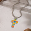Wholesale Women's Colorful Enamel Geometric Cross Pendant Necklace With 18K Real Gold Plating Stainless Steel