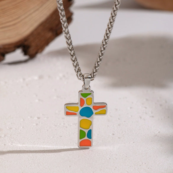 Wholesale Women's Colorful Enamel Geometric Cross Pendant Necklace With 18K Real Gold Plating Stainless Steel