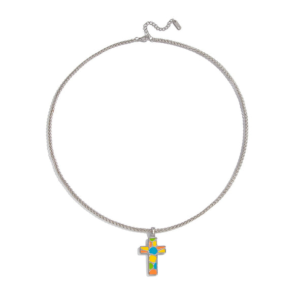 Wholesale Women's Colorful Enamel Geometric Cross Pendant Necklace With 18K Real Gold Plating Stainless Steel