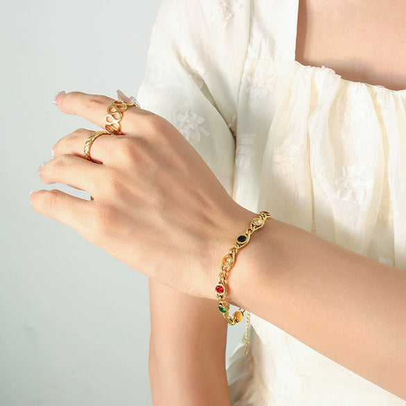Wholesale Women's Colorful Zircon Stitching Copper Chain Necklace And Bracelet Set With Fish Eye Design Electroplated