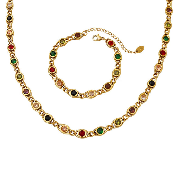Wholesale Women's Colorful Zircon Stitching Copper Chain Necklace And Bracelet Set With Fish Eye Design Electroplated