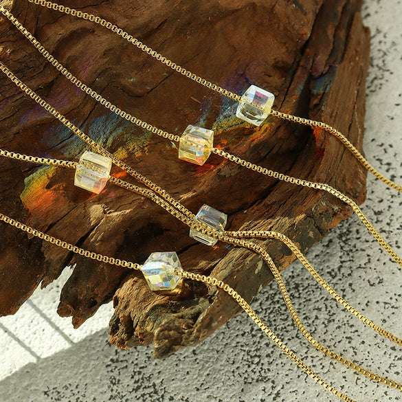 Wholesale Women's Commuter Glass Crystal Pendant Titanium Steel Necklace With Geometric Pattern And Electroplating Snake Bone Chain